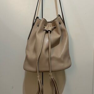 Beige Tan Drawstring Boho Bucket Bag Purse with tassels